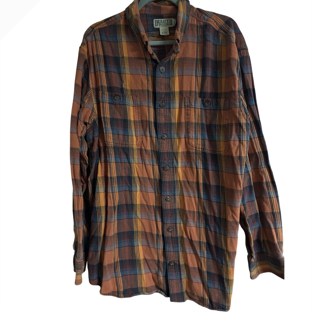 Duluth Trading Co Mens XL Tall Flannel Shirt Orange Brown Plaid Cotton Button Up